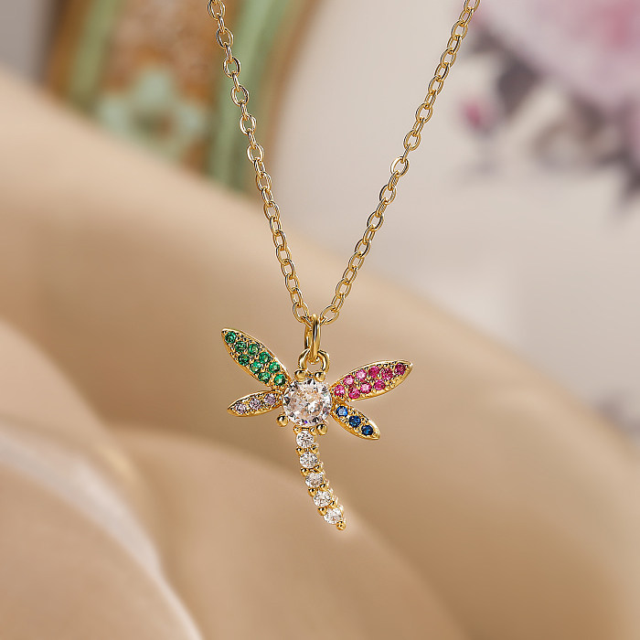 Simple Style Dragonfly Copper Plating Inlay Zircon 18K Gold Plated Pendant Necklace