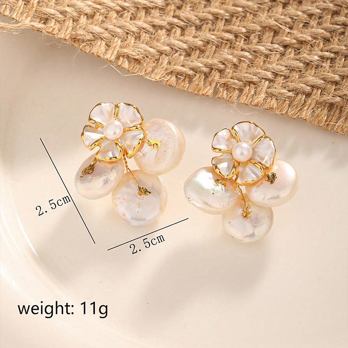 1 paire de clous d'oreilles en cuivre, perles d'eau douce, Style Simple et élégant, fleur
