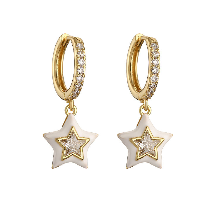 1 Pair Sweet Star Enamel Inlay Copper Zircon Earrings