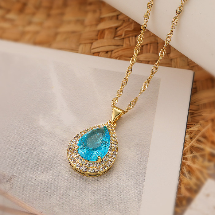 Simple Style Commute Water Droplets Copper Plating Inlay Zircon 18K Gold Plated Pendant Necklace