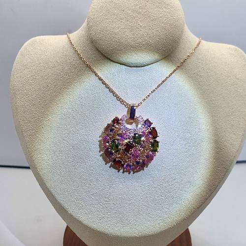 Luxurious Round Copper Inlay Zircon Pendant Necklace