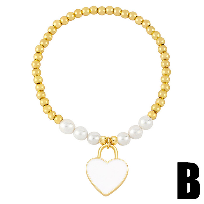 Fashion Simple Style Heart Shape Imitation Pearl Copper Charm Plating Inlay Shell Zircon Bracelets