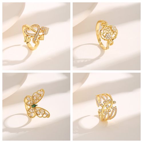 Estilo vintage estilo francês formato de coração olho borboleta cobre assimétrico chapeamento incrustação zircão 18K anéis abertos banhados a ouro