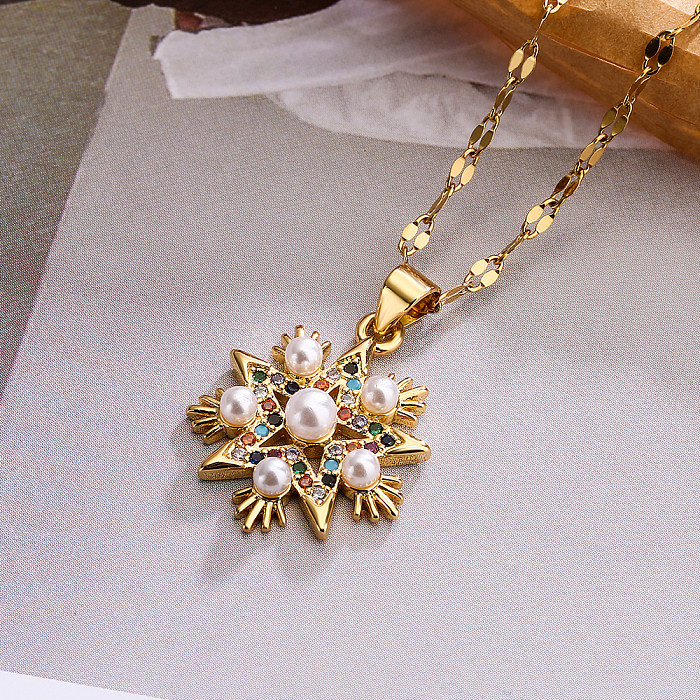 Collier pendentif plaqué or 18 carats avec incrustation de perles artificielles en cuivre et étoile de trajet de Style Simple