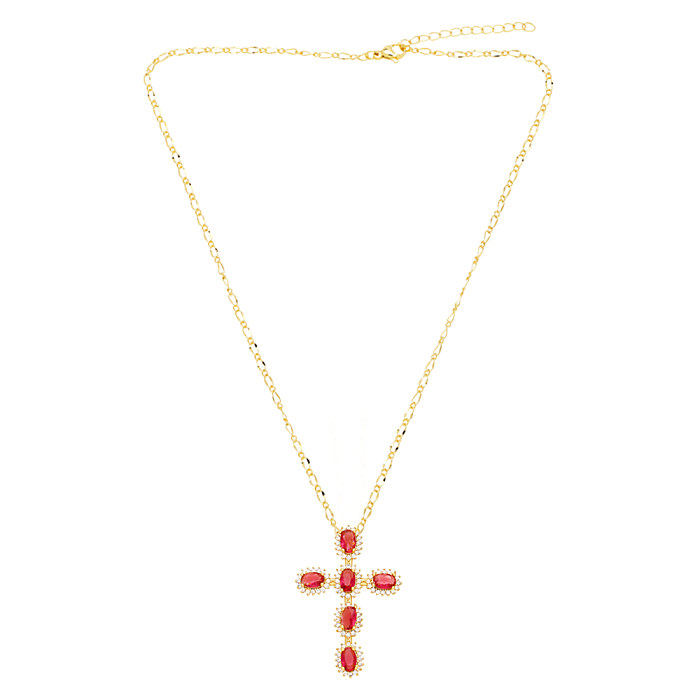 IG Style Cross Copper Plating Inlay Zircon 18K Gold Plated Pendant Necklace