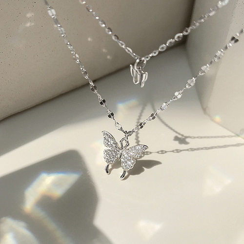 Elegant Lady Butterfly Copper Inlay Zircon Silver Plated Layered Necklaces