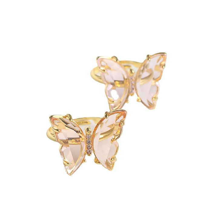 Anéis abertos de vidro com embutimento de borboleta de cobre estilo vintage casual