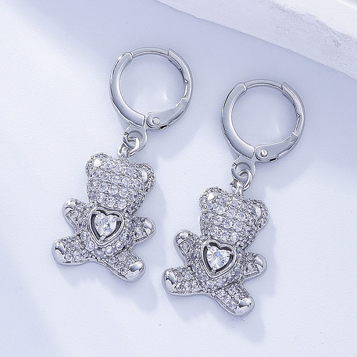 1 Pair Cartoon Style Cute Bear Heart Shape Inlay Copper Zircon Drop Earrings