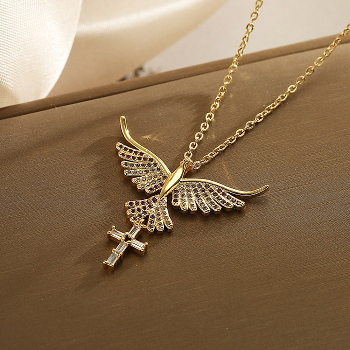 Classic Style Streetwear Cross Copper Plating Inlay Zircon 18K Gold Plated Pendant Necklace