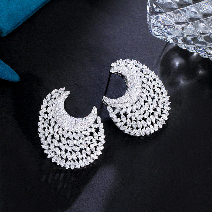 1 Pair Glam Wedding Shiny Round Moon Plating Hollow Out Inlay Copper Zircon Rhodium Plated Ear Studs
