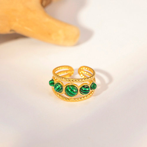 Retro Round Stainless Steel Plating Hollow Out Inlay Malachite Open Ring 1 Piece