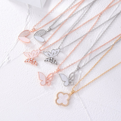 Niedliche, süße, schlichte vierblättrige Kleeblatt-Herzform-Schmetterlings-Kupfer-Zirkon-Anhänger-Halskette in großen Mengen