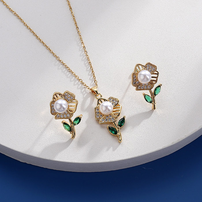 Collar de pendientes de circonio de perlas artificiales con incrustaciones de cobre de flor de estilo simple