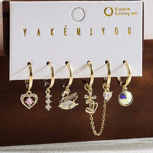 1 Set Yakemiyou Swan Heart Shape Flower Plating Inlay Copper Zircon 14K Gold Plated Earrings