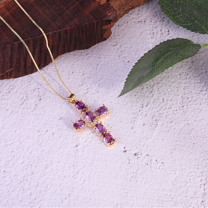 Streetwear Cross Copper Zircon Pendant Necklace In Bulk