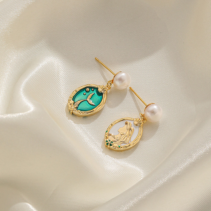 1 Pair Retro Commute Fish Tail Enamel Plating Inlay Copper Freshwater Pearl 18K Gold Plated Drop Earrings