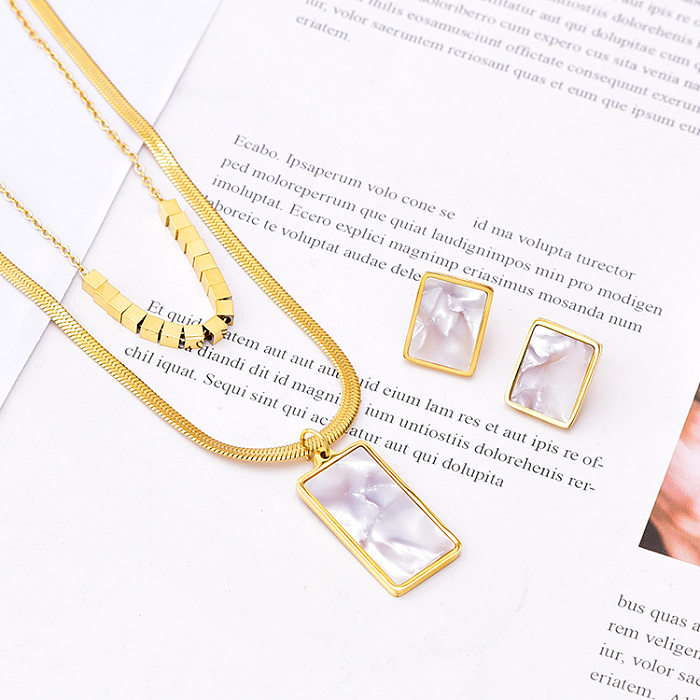 Einfache quadratische Titan-Stahl-Inlay-Muschel-Ohrring-Halskette für Damen