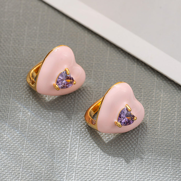 1 par de brincos de zircônia de cobre em forma de coração estilo IG com revestimento esmaltado