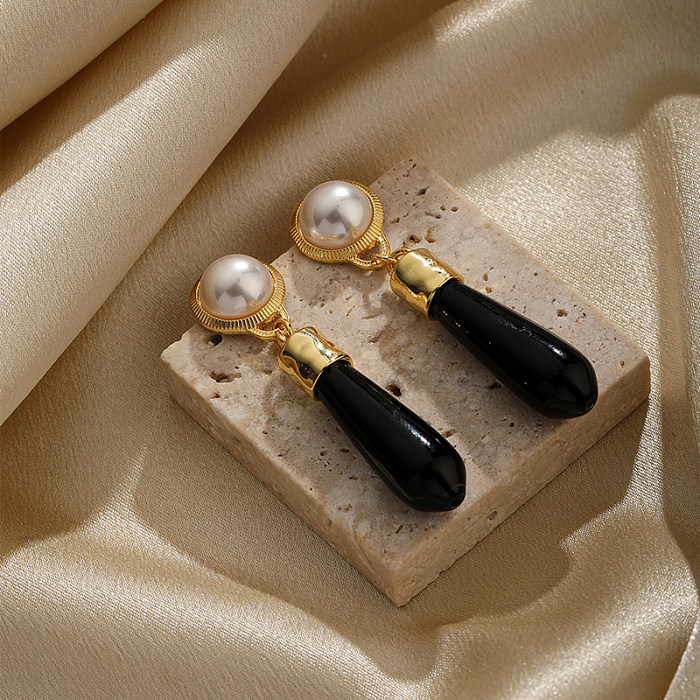 1 paire de boucles d'oreilles rondes en Agate, Style Simple et décontracté, incrustation de perles de cuivre plaquées or 18 carats