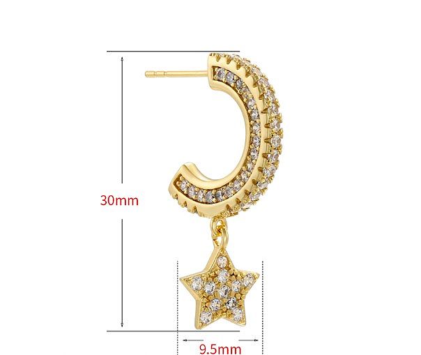 Pendientes colgantes chapados en oro de 1K con incrustaciones de circonita de cobre y estrella de lujo, elegantes y glamorosos, 18 par
