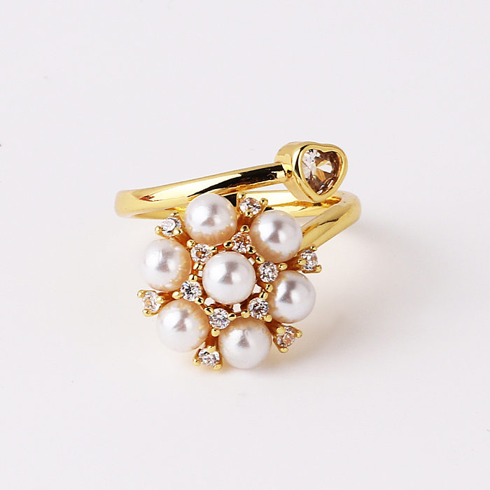 Elegante estilo vintage círculo formato de coração revestimento de cobre embutido pérola zircão anéis abertos banhados a ouro