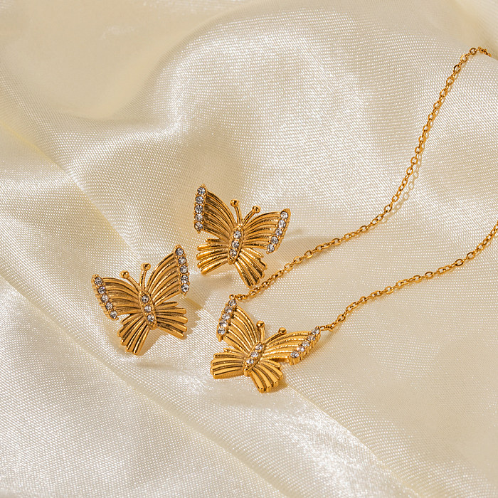 Colar de brincos banhado a ouro 18K com incrustações de aço inoxidável borboleta elegante estilo IG