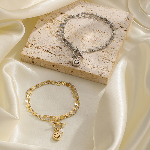 Pulseras chapadas en plata chapadas en oro de 18K con incrustaciones de cobre y perlas de agua dulce con cara sonriente redonda de viaje Retro