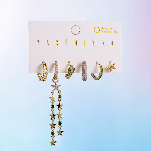 Yakemiyou Retro Star Owl Snake Copper Asymmetrical Tassel Artificial Pearls Opal Zircon 14K Gold Plated Earrings