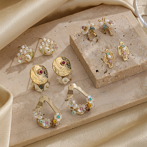 1 par de pendientes chapados en oro de 18 quilates con incrustaciones de flores de Cactus estilo IG estilo Simple circonita perla de cobre