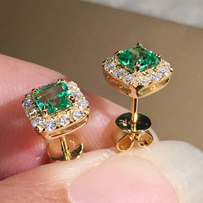 1 Pair Lady Square Inlay Copper Zircon Ear Studs