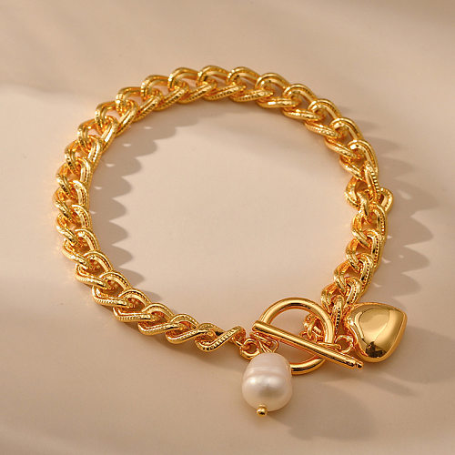 Bracelets plaqués or 18 carats pour femmes élégantes, gouttelettes d'eau en forme de cœur, perles d'imitation, placage à bascule en laiton