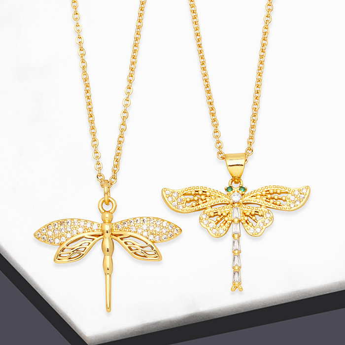 Schlichter Libellen-Kupfer-vergoldeter Zirkon-Anhänger-Halskette, 1 Stück