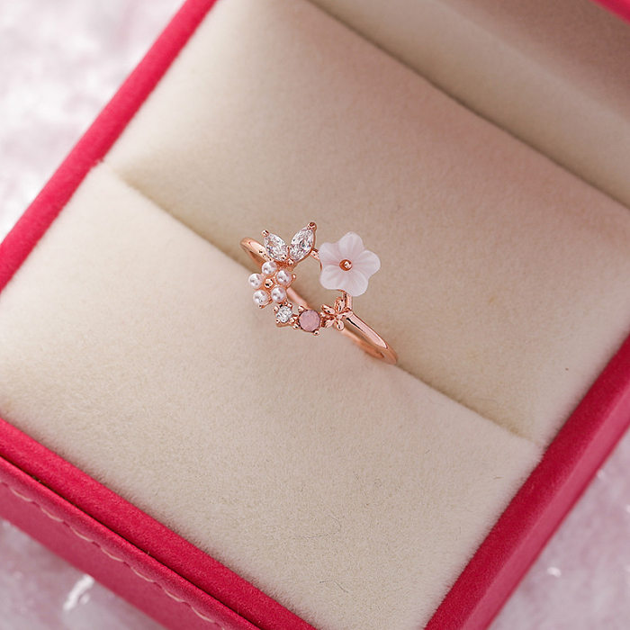 Fashion Heart Shape Flower Copper Plating Inlay Zircon Rings 1 Piece