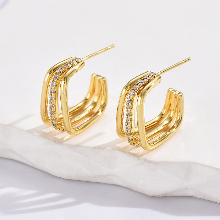 Simple Style Geometric Copper Earrings Layered Gold Plated Zircon Copper Earrings 1 Pair