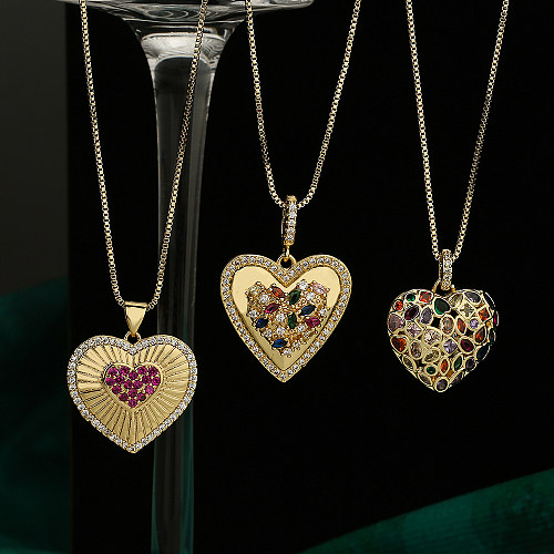 Retro-Halskette mit glänzendem Herzform-Kupfer-Inlay-Zirkon-Anhänger, 18 Karat vergoldet