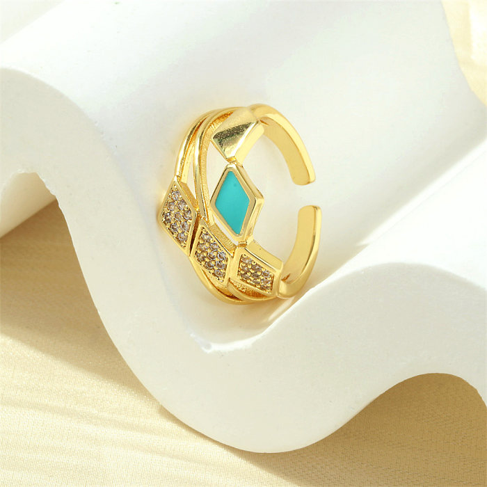 Elegante estilo simples losango cobre esmalte chapeamento embutimento zircão 18K anéis abertos banhados a ouro