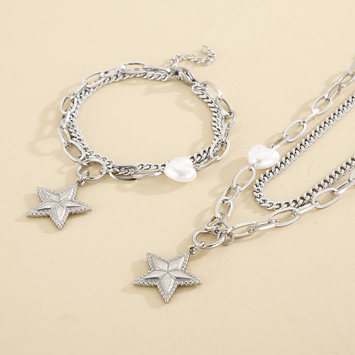 Wholesale Fashion Stainless Steel Star-shaped Double-layer Necklace Bracelet Suit jewelry