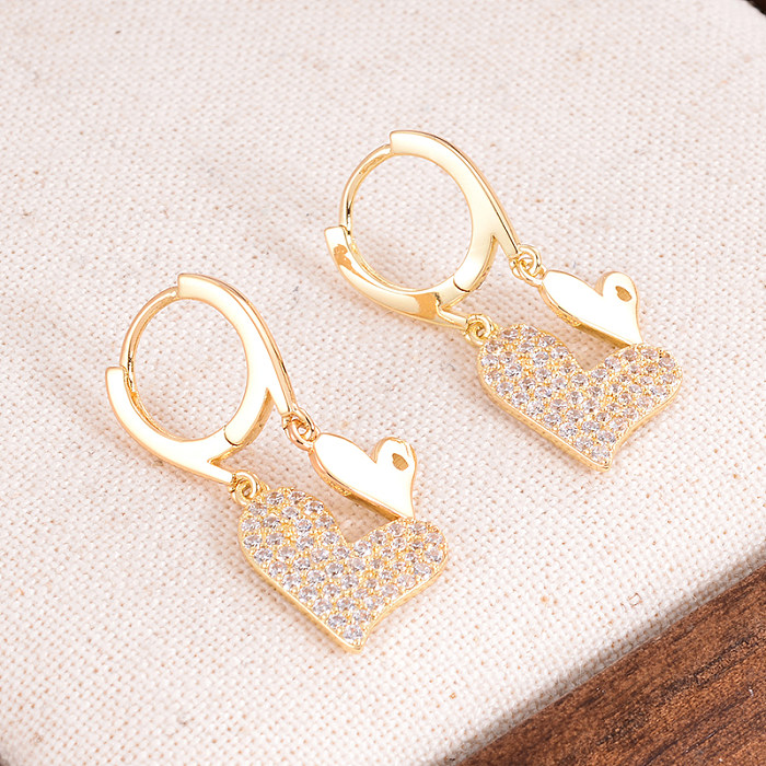 1 paire de boucles d'oreilles élégantes de Style français en forme de cœur, incrustation de cuivre et de Zircon plaqué or 14 carats