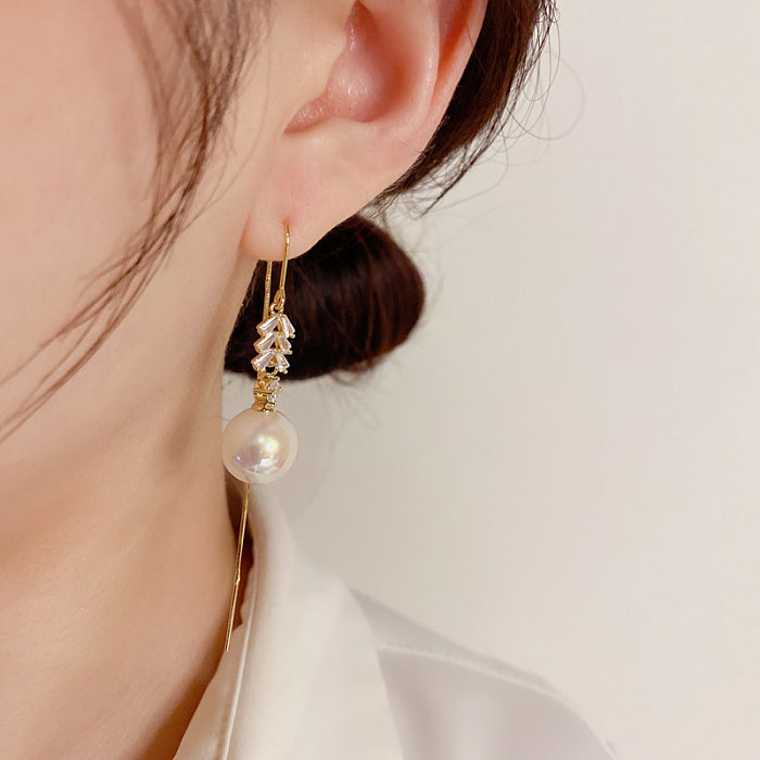 1 paire de boucles d'oreilles pendantes en cuivre et strass, Style Simple, incrustation de feuilles