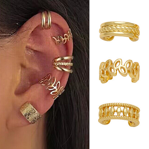 1 paire de clips d'oreilles en cuivre plaqué or 18 carats, style simple, feuilles, chaîne