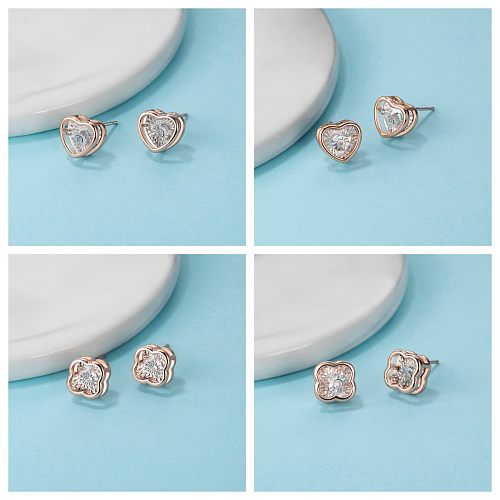 1 Pair Streetwear Commute Four Leaf Clover Heart Shape Plating Inlay Copper Diamond Rose Gold Plated Ear Studs