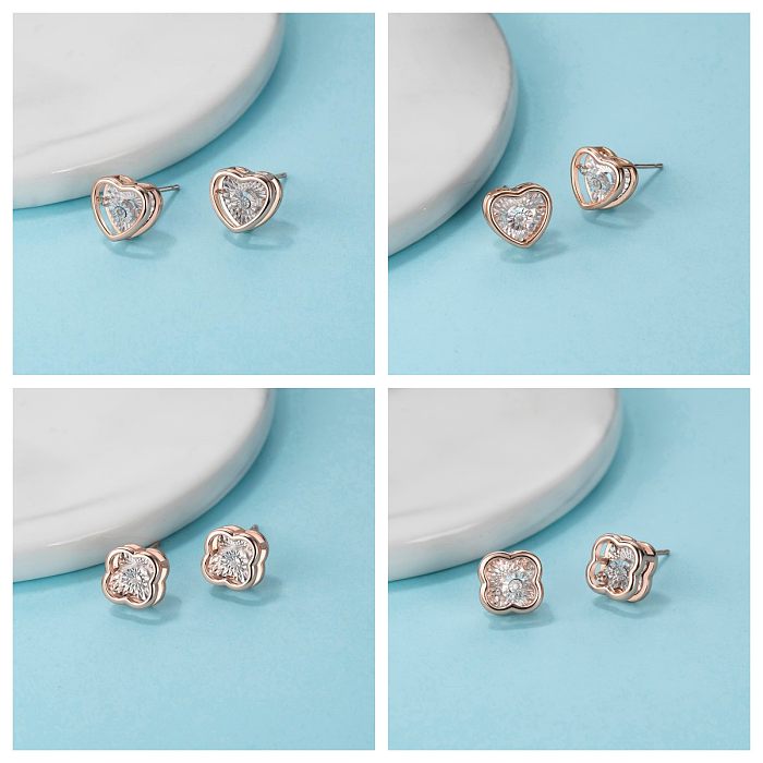 1 paire de clous d'oreilles en forme de cœur, trèfle à quatre feuilles, incrustation de cuivre et de diamant plaqué or Rose, Streetwear