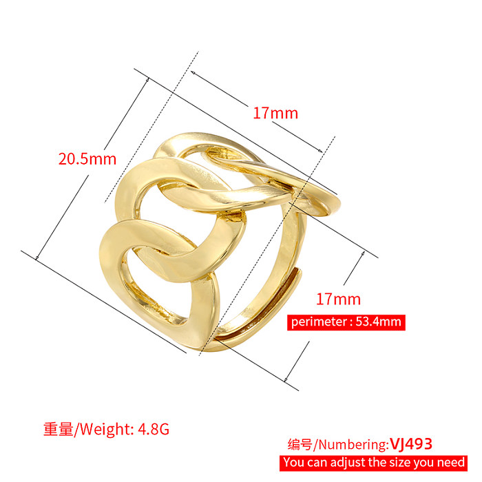 Elegant Simple Style Solid Color Copper Chain Hollow Out Zircon 18K Gold Plated Open Rings
