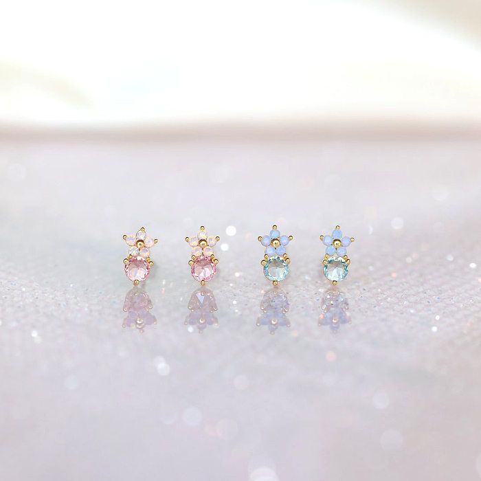 Simple Style Flower Brass Ear Studs Inlay Artificial Gemstones Copper Earrings