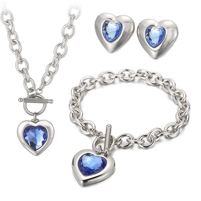 Moda coração forma chapeamento de aço inoxidável inlay pulseiras de vidro brincos colar