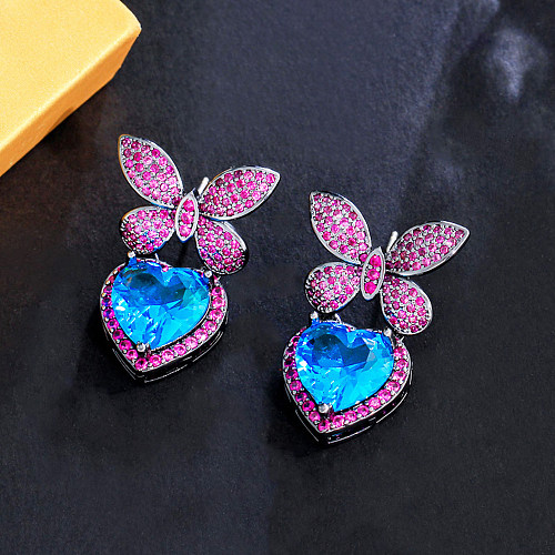 1 Pair Shiny Heart Shape Butterfly Plating Inlay Copper Zircon Gold Plated Rhodium Plated Drop Earrings