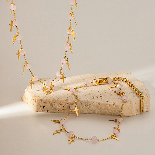 Ins estilo simples cruz de aço inoxidável pedra natural borla chapeamento 18k banhado a ouro pulseiras colar