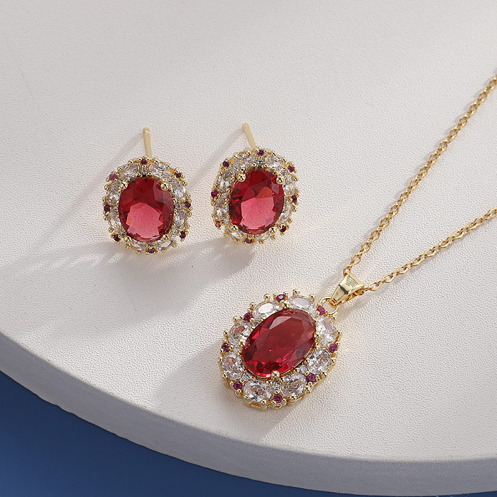 Basic Lady Oval Copper Plating Inlay Zircon Earrings Necklace