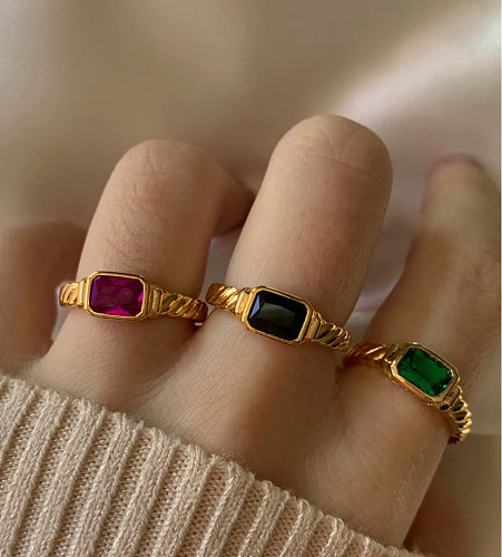 Retro Square Stainless Steel Plating Inlay Zircon 18K Gold Plated Rings