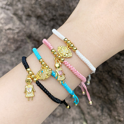 IG Style Casual Human Heart Shape Rope Copper Plating Braid Inlay Zircon 18K Gold Plated Bracelets